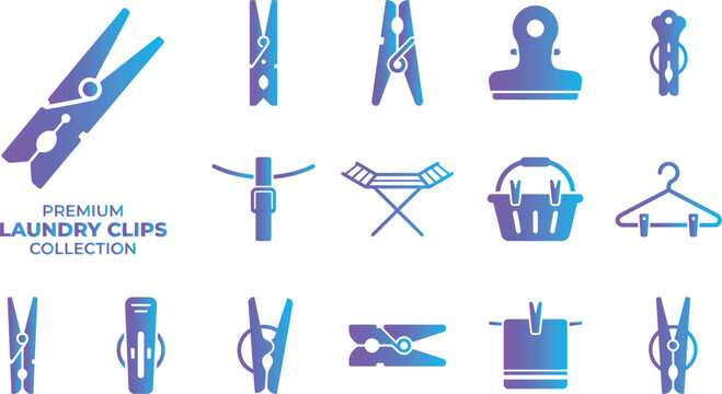 Laundry clips collection premium set simple modern flat icons gradient colors isolated on white background.