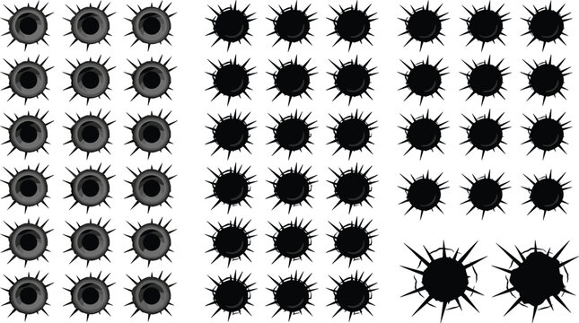 Bullet holes vector icons set featuring realistic gun shot damage metal cracks glass shrapnel splashes and weapon impact silhouettes collection for game graphic design templates