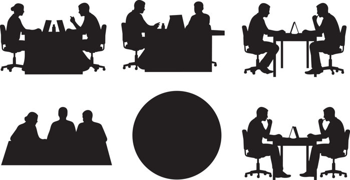 Business meeting, office silhouettes, teamwork icons, professional collaboration graphics