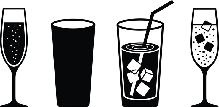 Cocktail and beverage glassware vector icons set featuring champagne flutes with bubbles sparkling wine tumblers ice cubes and drinking straw black silhouette collection