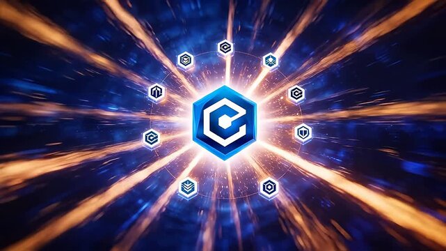 Blue hexagonal logo with radiating lines and particle effects