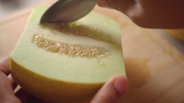 Close-up of Hands Scooping Seeds from a Fresh Honeydew Melon Half