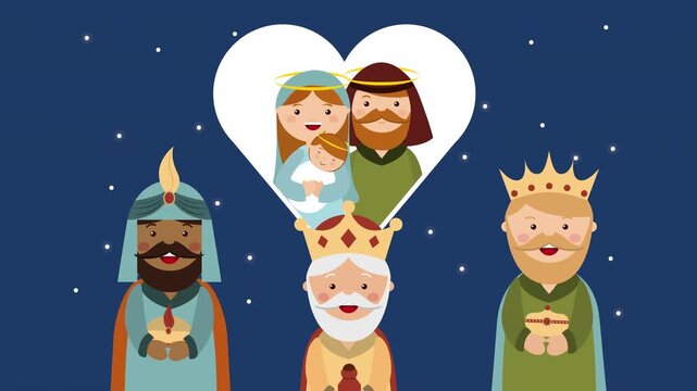 Three wise men and holy family animation with stars and heart shape on blue background.