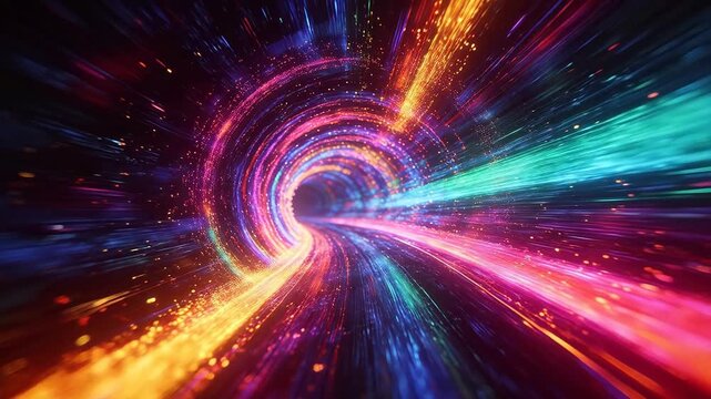 Colorful spiral light tunnel with motion trails in red and blue shades