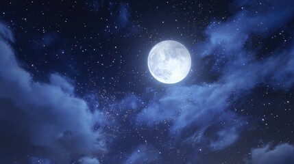 Fototapeta premium Breathtaking Night Sky View Featuring Bright Full Moon Surrounded by Twinkling Stars and Wispy Clouds Above Earth