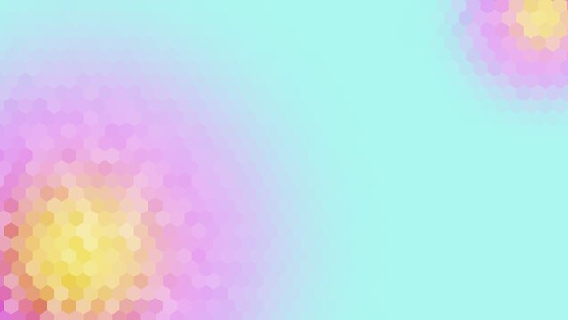 background design with color pastel blue, pink, and yellow gradient hexagon pattern surface. gradient with large and small semicircular shapes on 2 sides of the background diagonal