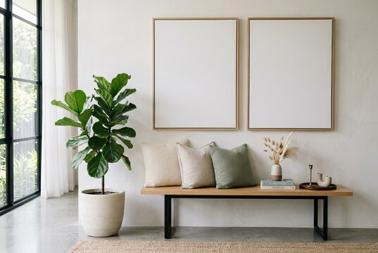 Modern Living Room with Fiddle Leaf Fig and Minimalist Decor.