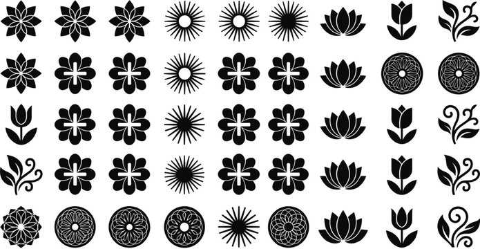 Geometric floral elements and mandala icons mega pack featuring abstract flower blossoms lotus silhouettes tulip shapes and spiral leaf ornaments black vector collection