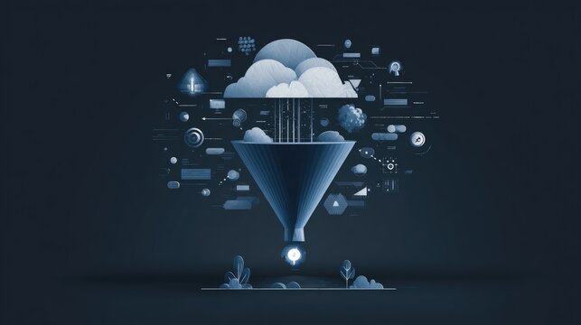 Abstract funnel with clouds and digital symbols representing data analysis and processing in a modern technology environment