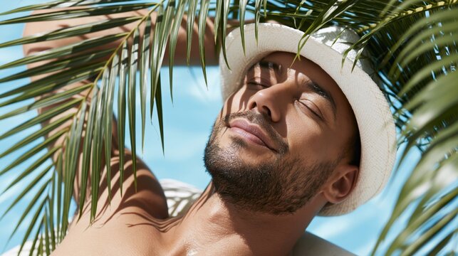 Man rests under palm fronds, eyes closed, serene