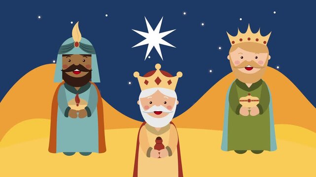 Three wise men animation moving in desert night under bethlehem star for epiphany celebration.