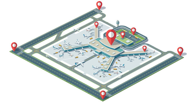 Isometric 3D flat vector airport showing GIS, Remote Sensing, WebGIS, and GeoAI for advanced urban planning and smart transportation analytics