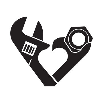 A wrench and nut forming a heart shape representing repair and love