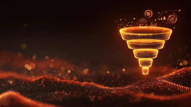 Vibrant Digital Marketing Funnel Illustration with Glowing Lines and Abstract Background for Business and Technology Concepts