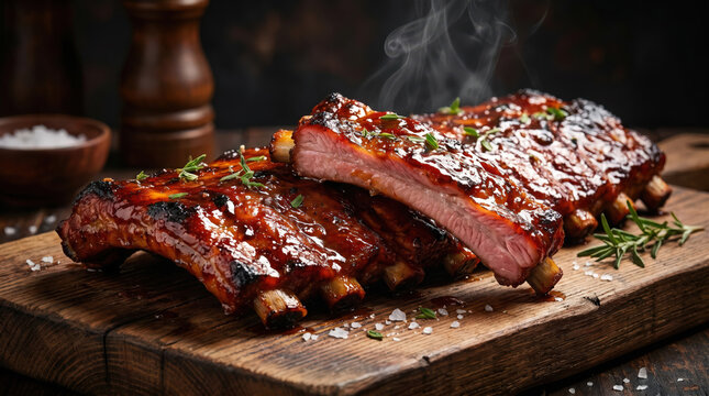 Barbecue pork ribs glazed with rich sauce on rustic wooden board with herbs salt smoke showcasing indulgent comfort food grilling flavor juicy texture restaurant menu appeal savory feast