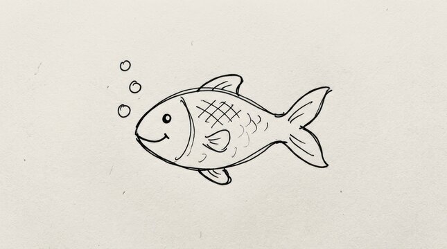 A simple black and white drawing of a fish with bubbles on its head, set against a plain background.
