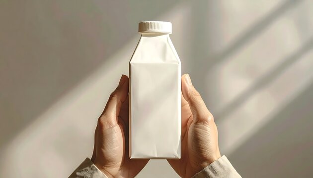 Hands hold up a mockup of a milk bottle for product display