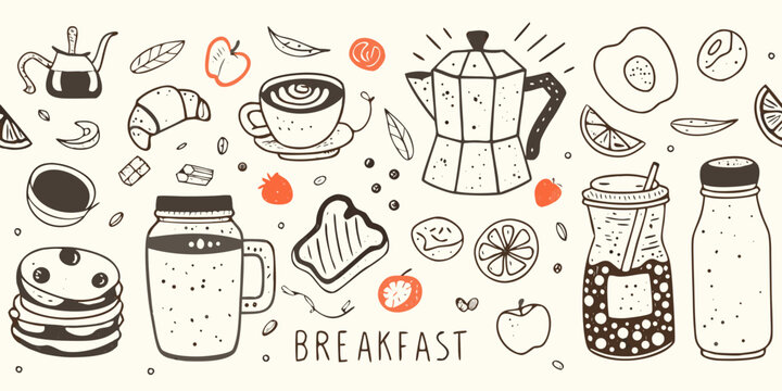 breakfast themed sketches and illustrations on a beige background