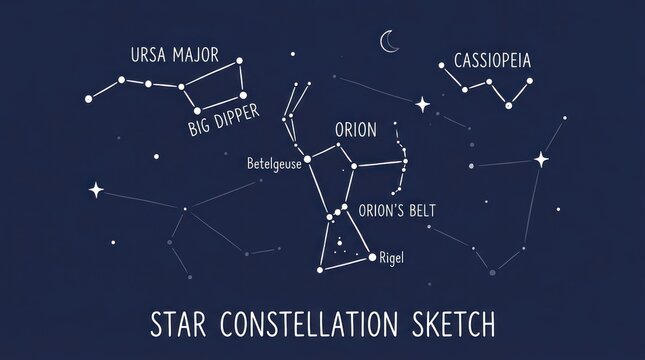 A star constellation map with the names of the constellations and their positions on a dark blue background.