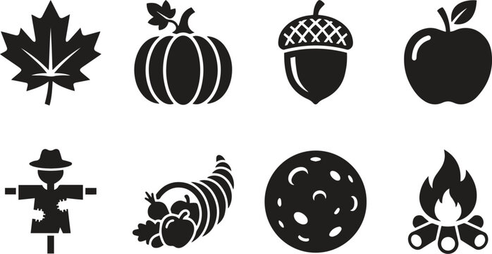 Black and white autumn harvest icon set on white background