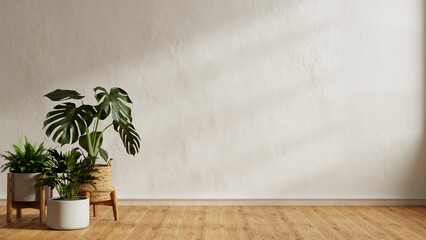 Fototapeta premium Minimalist empty white wall background with indoor plants and wooden floor for product presentation mockup- 3D rendering