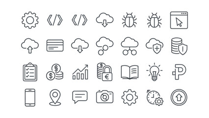 Fototapeta premium Technical programming and cloud security line icons set featuring code tags gear settings database protection money savings checklist and mobile location markers for modern web and software developers