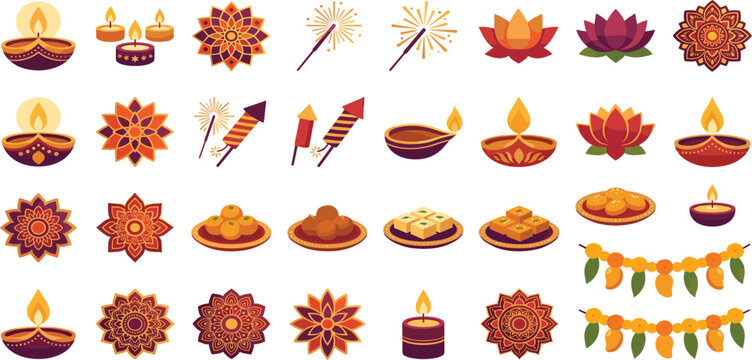 Diwali Festival Icon Collection Featuring Diyas, Rangoli Flowers, Firecrackers, Lotus Symbols, Indian Sweets, and Traditional Celebration Elements for Cultural Designs