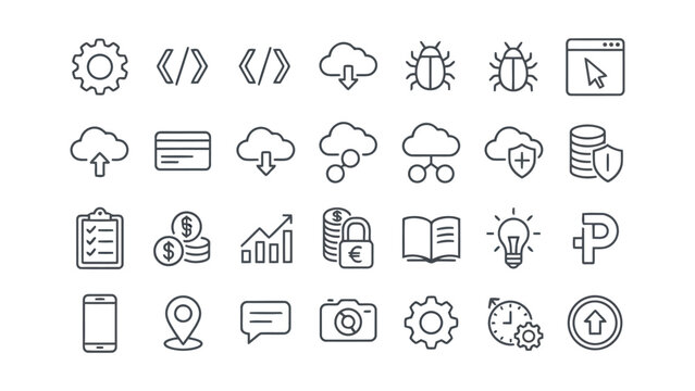 Technical programming and cloud security line icons set featuring code tags gear settings database protection money savings checklist and mobile location markers for modern web and software developers
