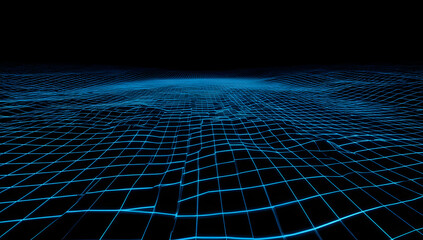 Fototapeta premium Abstract blue glowing wireframe grid forming a flat digital plane receding into the distance against a dark background, symbolizing a vast cyber space or data network.