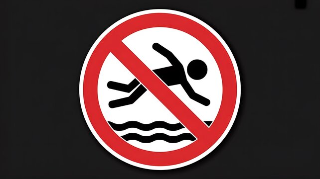 No Swimming Sign, Prohibited Diving Symbol, Red Circle Warning Icon, Black Background