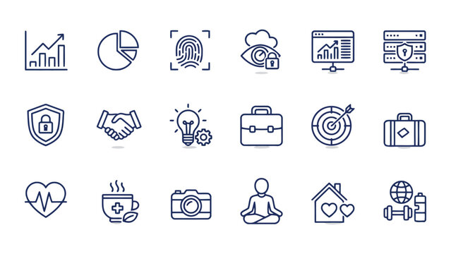 Business management and professional lifestyle icons set featuring data analytics handshake and wellness elements for corporate identity