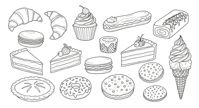 Collection of Hand Drawn Pastries and Desserts Sketch.