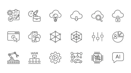Advanced technical icons set for cloud infrastructure ui development and machine learning concepts featuring clean linear vector graphics © MDBAYZID