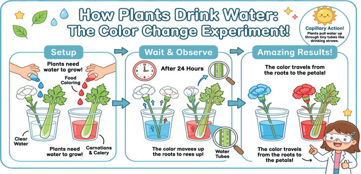 How Plants Drink Water Science Experiment Infographic Featuring Color Change Demonstration, Celery Absorption Process, Carnation Flowers, and Educational Biology Concepts for Kids