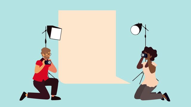 Interracial photographers with cameras working in professional photo studio with paper backdrop and lighting equipment.