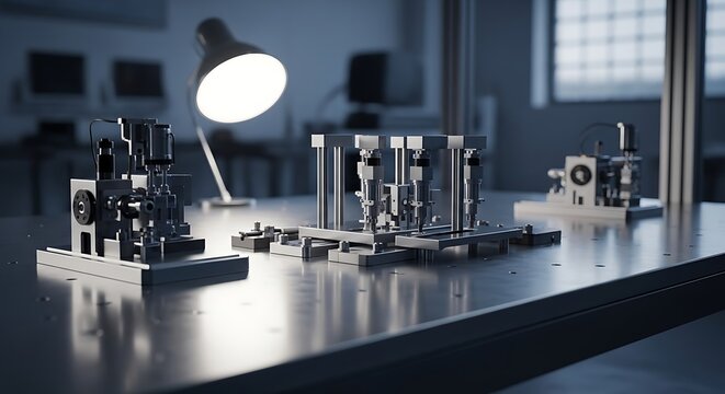Industrial metal machinery on workbench table.