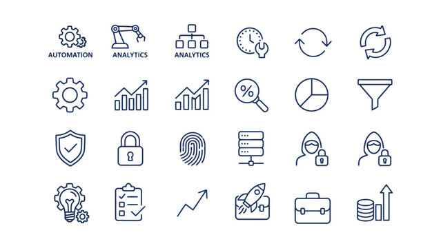 Business automation and workflow management outline icons featuring robotics analytics and security symbols for industrial operations and corporate digital transformation strategy presentation design