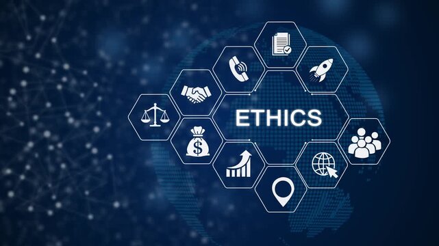 Ethics in technology concept animation, digital ethics symbols, ai data privacy compliance, corporate responsibility visuals