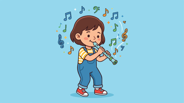 A Cute Little Girl Playing the Flute Surrounded by Musical Notes.