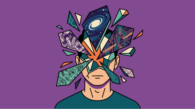 Abstract illustration of a human head exploding with cosmic space and shards.