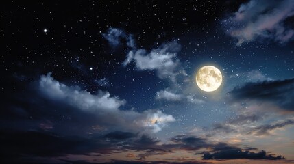 Fototapeta premium Serene Night Sky with Bright Full Moon Illuminating Cloudy Atmosphere and Twinkling Stars for Peaceful Reflection