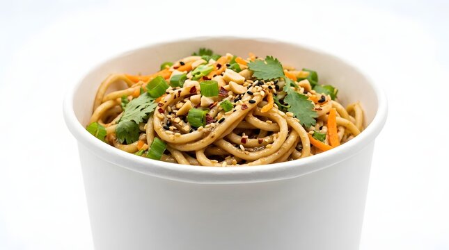 Bright studio image of convenient asian noodles served fresh in a white disposable cup, garnished with savory green onions and crunchy peanuts.
