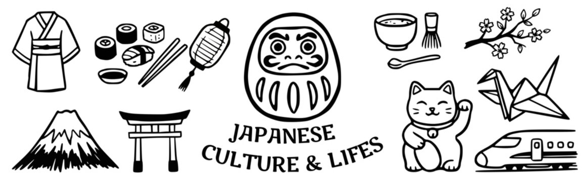 Japanese culture and lifestyle Doodle Vector Illustration