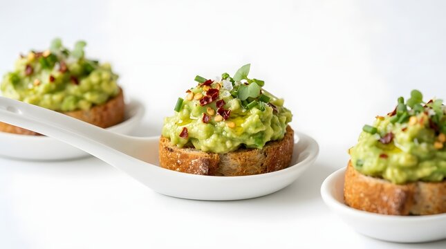 Vibrant green avocado toast mini crostini artfully presented on individual white ceramic appetizer spoons for healthy recipe promotions