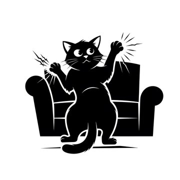 Black cat scratching a furniture sofa at home