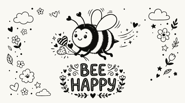 Bee Happy, Cartoon Bee, Black and White Vector, Doodle Style, Insect Illustration, 1 Vector Graphic