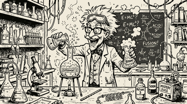 Cartoon mad scientist, laboratory scene, chemistry experiment, black and white vector illustration, lab equipment, science concept
