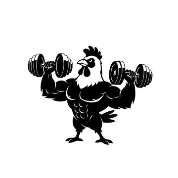 Strong muscular rooster lifting heavy metal dumbbells