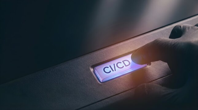 Finger pressing glowing ci cd button on modern tech device for automated software development workflow