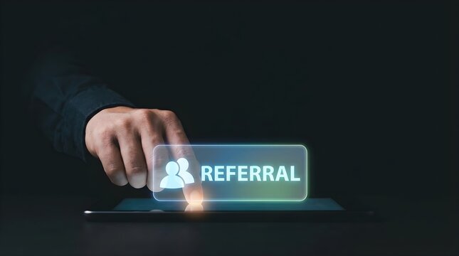 Businessman touching glowing referral button on digital tablet interface for marketing and customer growth